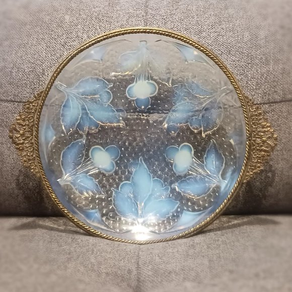 Vintage Metal Rimmed Opalescent Dish w/ Cherry Pattern - Picture 2 of 5